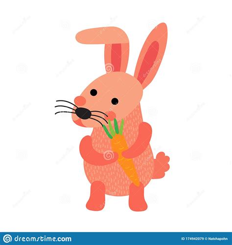 Pink Rabbit Holding Carrot Animal Cartoon Character Vector Illustration
