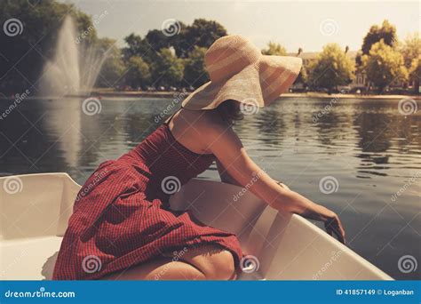 Young Woman Relaxing On The Lake Stock Image Image Of Retro Sunshine