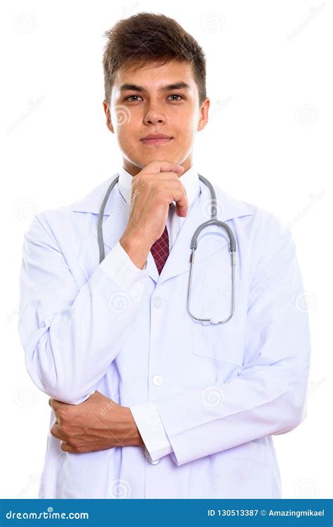 Studio Shot Of Young Handsome Man Doctor Thinking Stock Image Image