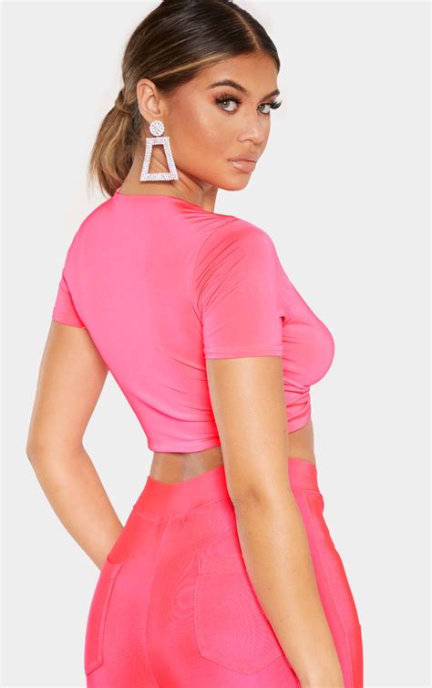 Hot Pink Slinky Twist Front Crop Top Tops Prettylittlething Usa