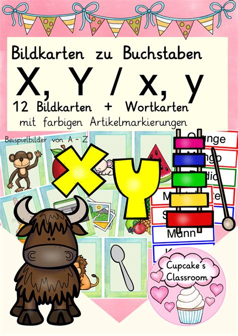 12 Bild- und Wortkarten zu den Buchstaben X und Y im Anlaut, Inlaut und