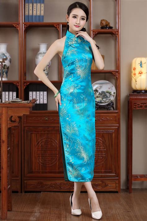 New Sexy Backless Womens Long Qipao Satin Dress Chinese Novelty Mandarin Collar Cheongsam Blue