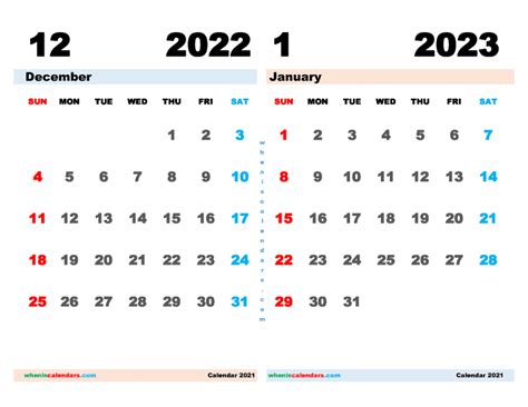 Free December 2022 January 2023 Calendar Printable