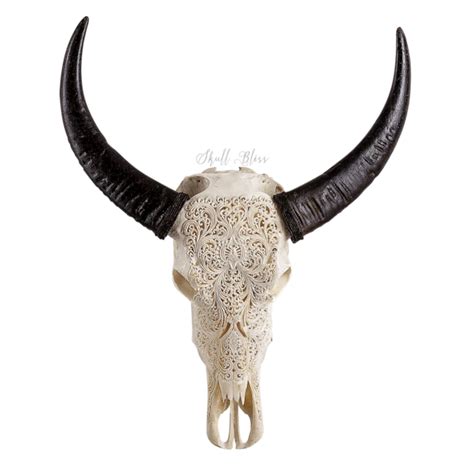 Carved Buffalo Skull Flower Skull Bliss Natural Tones Earthy Tones