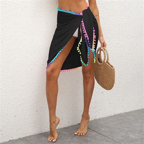 Women Beach Sarongs Sexy Sheer Mesh Swimsuit Wrap Skirt Bikini Cover Up With Colorful Pompom
