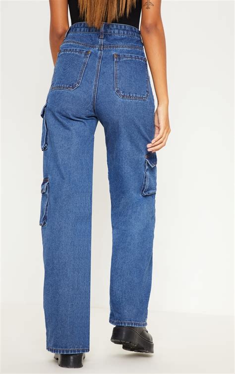 Dark Wash Wide Leg Cargo Pocket Jeans Denim Prettylittlething Usa