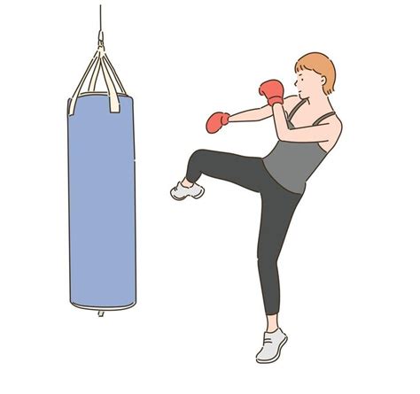 A Female Boxer Is Kicking A Punching Bag Hand Drawn Style Vector