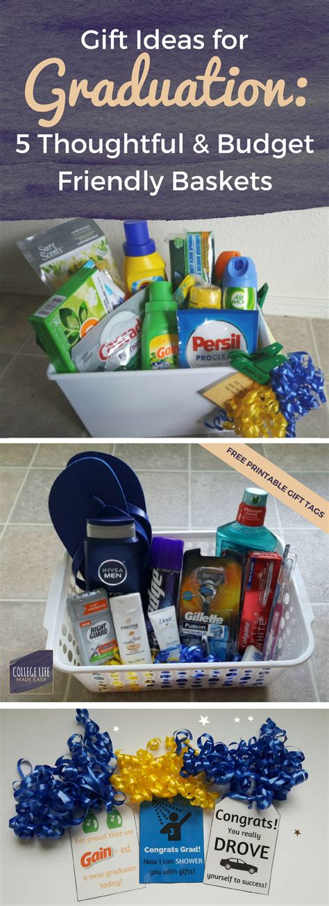Shop college graduation gift ideas from a keurig to a cheese board, tool kit and more. 3 DIY College Gift Baskets for Boys (Free Gift Tags ...