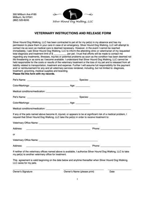 Veterinary Instructions And Release Form Printable Pdf Download