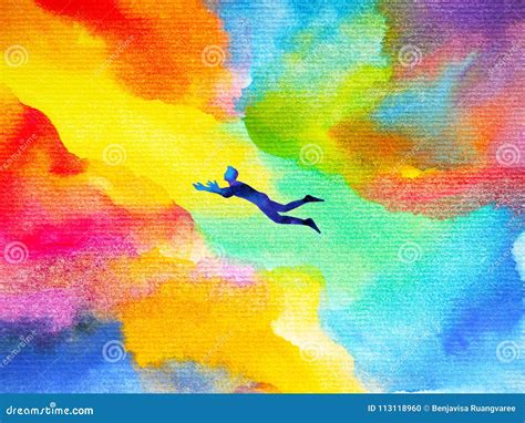 Man Flying In Abstract Colorful Dream Universe Illustration Stock
