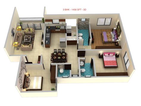 3 Bhk 1456 Sft Floor Plan In 3d Small House Design House Layouts