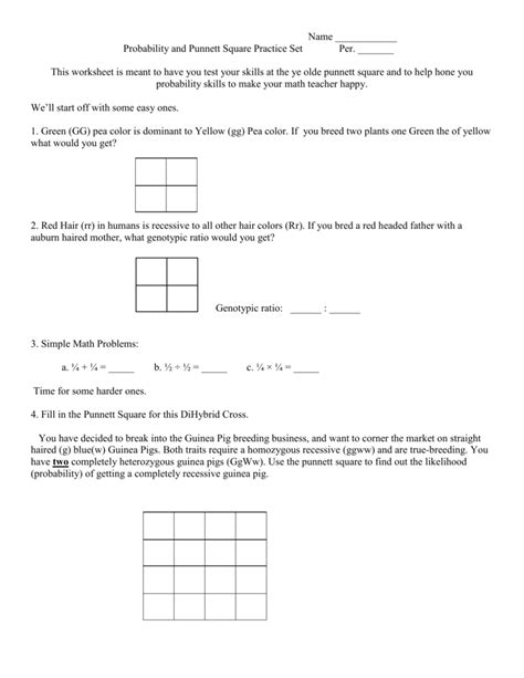 Heterozygous round eyes, blue body. Name ______ Probability and Punnett Square Practice Set Per