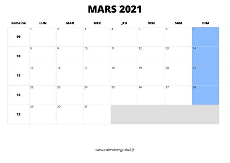 Calendrier De Mars 2021 à Imprimer