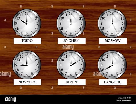 the world clock. different time zones clock on the wooden wall Stock ...
