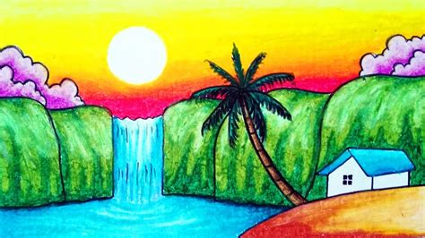 How To Draw Easy Waterfall And Sunset Scenery Oil Pastels Drawing