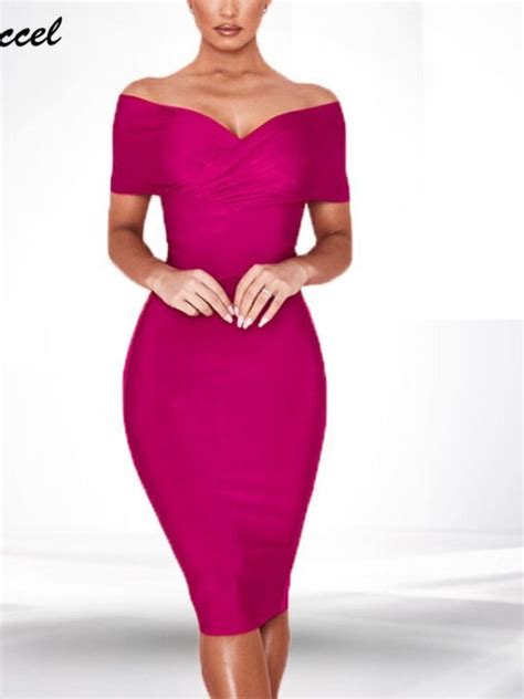 Elegant Off Shoulder Bodycon Bandage Dress Summer Women S 2021 Sexy Basic Slash Neck Celebrity