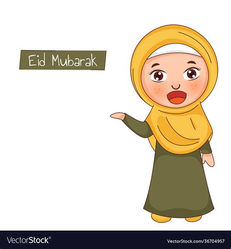 Cartoon Islamic Girl Saying Eid Mubarak On White Vector Image