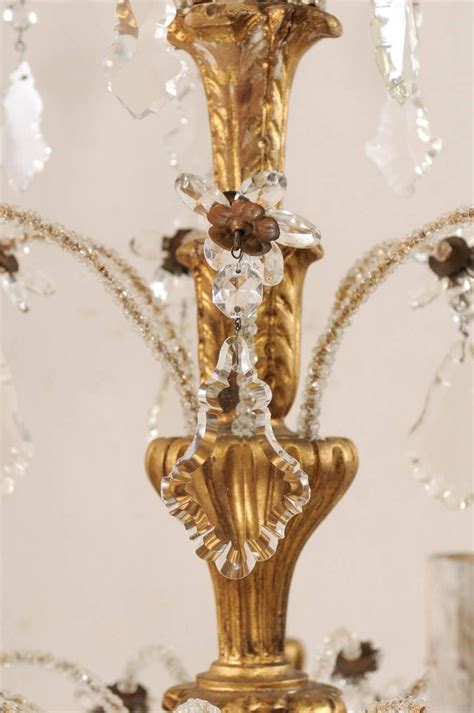 Exquisite Italian Vintage Gilded And Carved Wood Multi Tiered Crystal