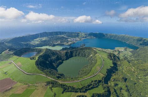 aerial view of crater lake lagoa das furnas from above azores são miguel island portugal