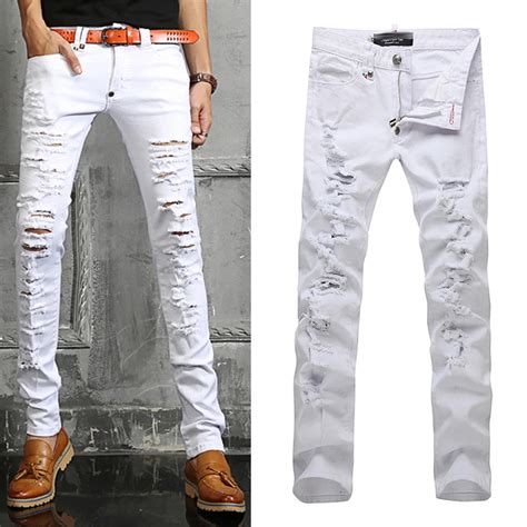 New Men Italy Style Distressed Stretch Cotton Ripped Holey Pants White