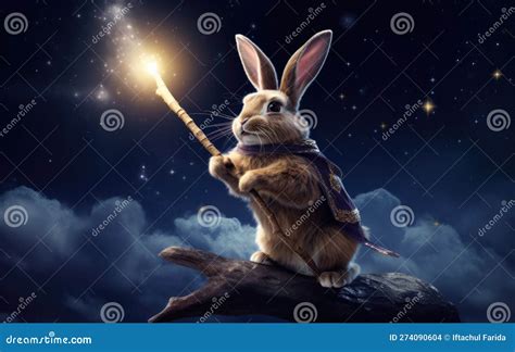 Fantastical Bunny Rabbit Floats Through A Starry Night Sky Stock Photo