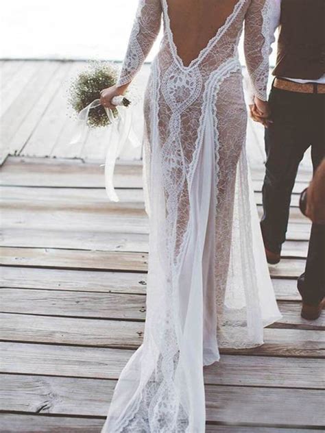 See Through Backless Wedding Dresses Long Sleeve Ivory Lace Wedding