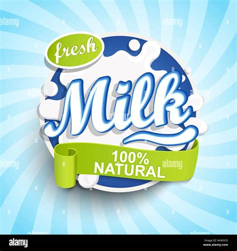 Fresh And Natural Milk Label Splash With Ribbon On Blue Sunburst