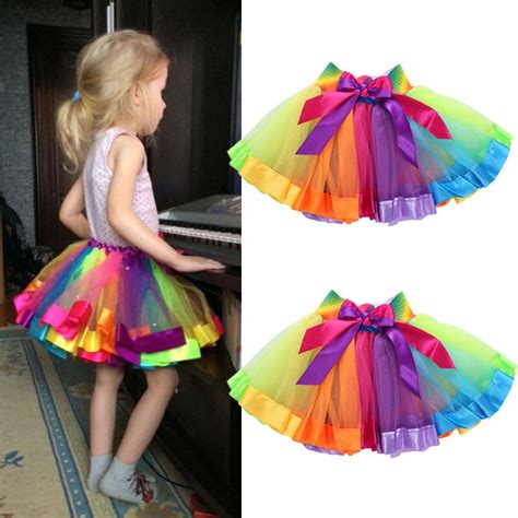 Kids Dancewear Tutu Skirt Baby Girls Rainbow Elasticated Bow Tulle