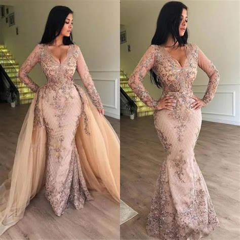 chic pink mermaid prom dresses with detachable skirt v neck long sleeve evening dress 2019