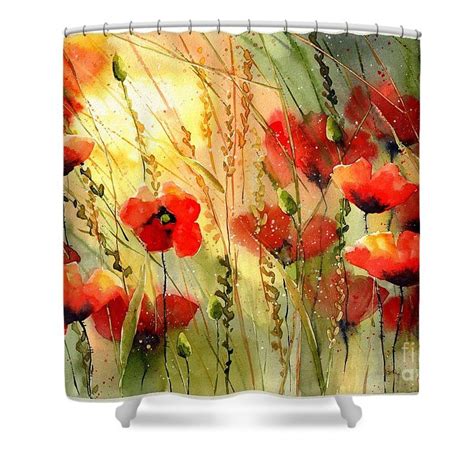 Red Shower Curtain Featuring The Painting Red Poppies Watercolor By