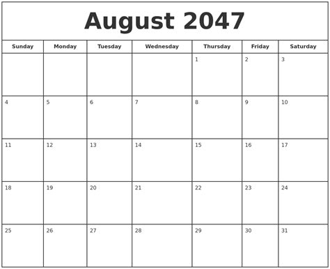 August 2047 Print Free Calendar