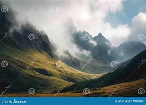 Mountain Range With Misty Clouds And Blue Skies Bringing To Life The