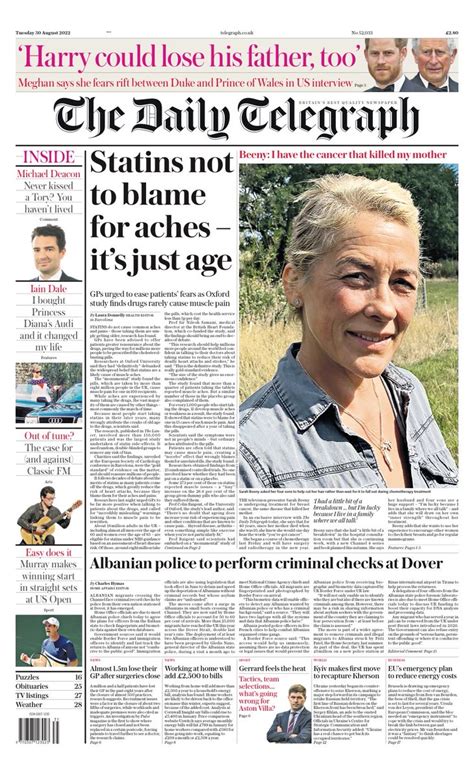 Daily Telegraph Front Page 30th Of August 2022 Tomorrow S Papers Today