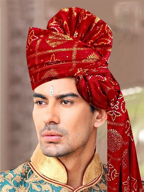 Maroon Wedding Wear Mens Red Printed Bandhej Rajasthani Turban Size