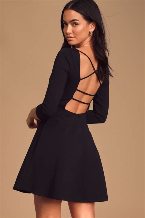 Cute Black Dress Backless Skater Dress Strappy Back Dress Lulus
