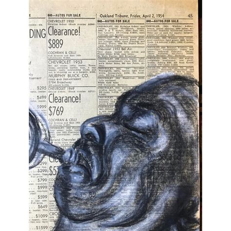 1945 Charcoal On Newspaper Portrait Of A Trumpet Player Vintage Drawing