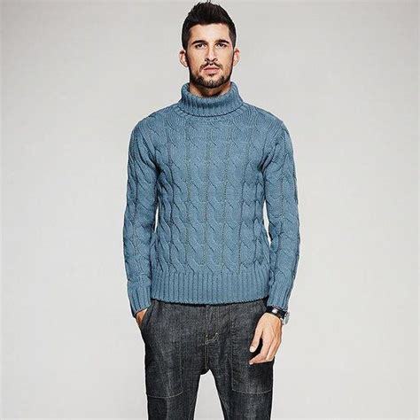 Mens Sweater Thick Turtleneck Knitted Slim For Autumn Denim Button Up