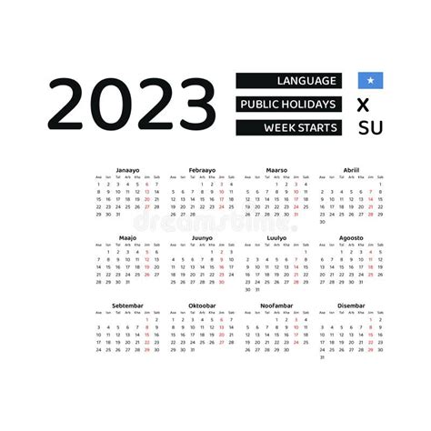 Somalia Calendar 2023 Week Starts From Sunday Vector Graphic Design