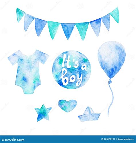Watercolor Baby Shower Set Its A Boy Theme With Baby Clothes And