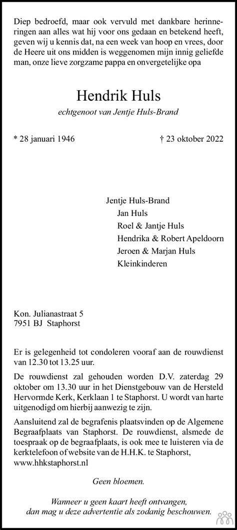 Hendrik Huls 23 10 2022 Overlijdensbericht En Condoleances Mensenlinq Nl
