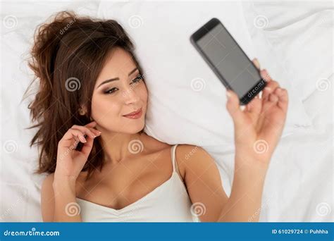 Beautiful Woman Taking Selfie In Bed Stock Photo Image Of Taking