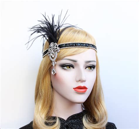Gold 1920s Bridal Flapper Headband Black Roaring 20s Feather Gatsby