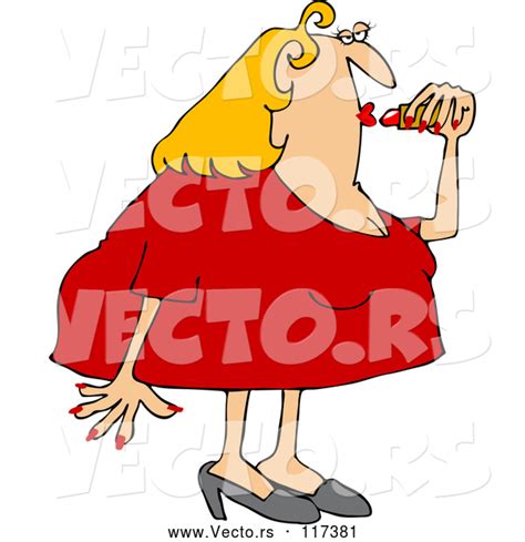vector of cartoon chubby blond white lady applying lipstick by djart 117381
