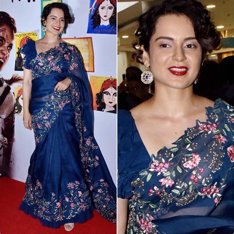 Kangana Ranaut In Blue Saree With Retro Hairstyle K4 Fashion