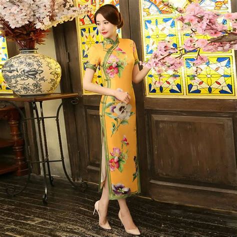 Yellow Modern Chinese Dress Qipao Long Silk Cheongsam Oriental Evening