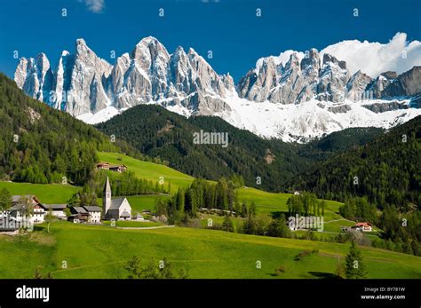 Scenic View Of Funes Valley With Snow Capped Odle Dolomites Alto Adige