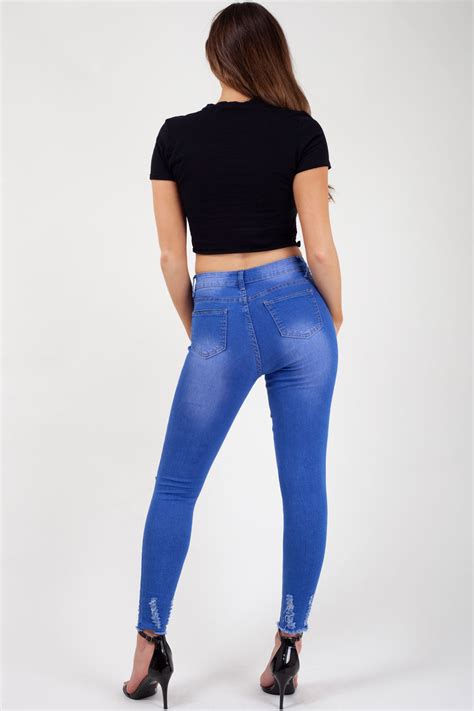 High Waisted Ripped Frayed Hem Skinny Jeans Uk