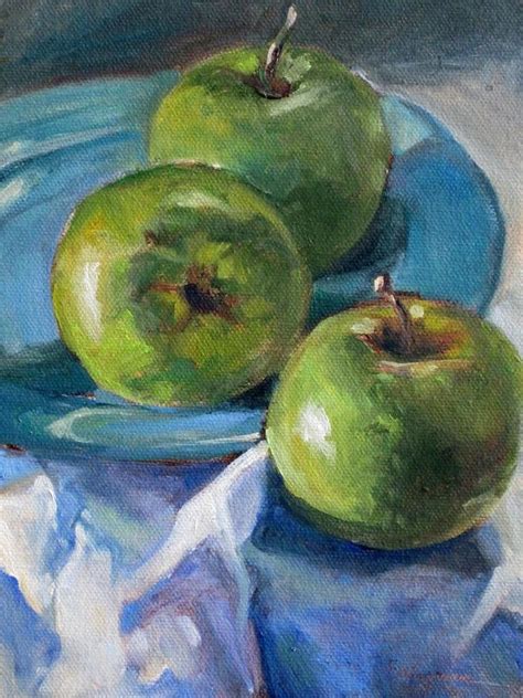 Three Green Apples Original Fine Art By Carlene Dingman Atwater