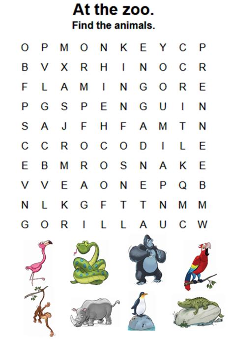 At The Zoo Wordsearch Worksheet