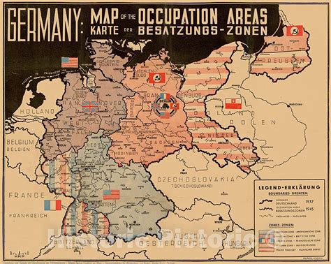 Jp 歴史的な地図 ドイツ 職業エリアの地図地図は、1945年の第二次世界大戦の目覚ましのドイツと中ヨーロッパを